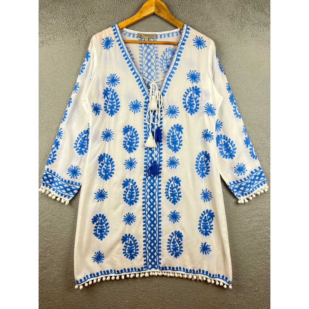 Pranella White Blue Embroidered Tassel Pom Pom Tunic Dress Beach Coverup Size 2